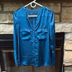 Zara Blue Long Sleeve Mandarin Collar Blouse